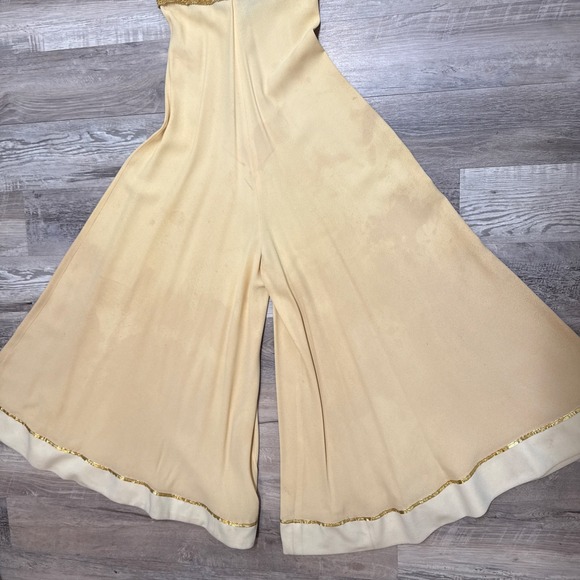 Vintage 70s Palazzo Jumpsuit Velvet Bodice Gold Trim Wide Leg Disco Boho Glam - Picture 2 of 16
